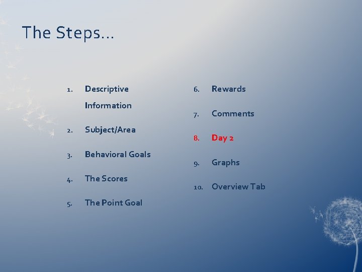 The Steps… 1. Descriptive Information 2. Subject/Area 3. Behavioral Goals 4. The Scores 5.