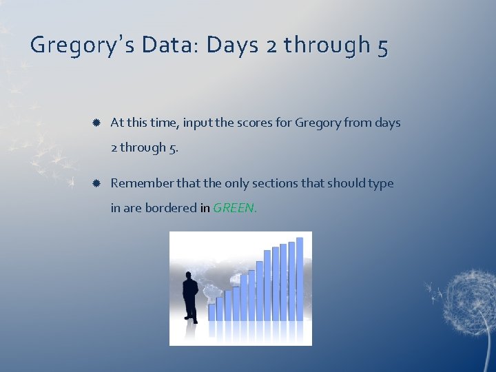 Gregory ’s Data: Days 2 through 5 At this time, input the scores for