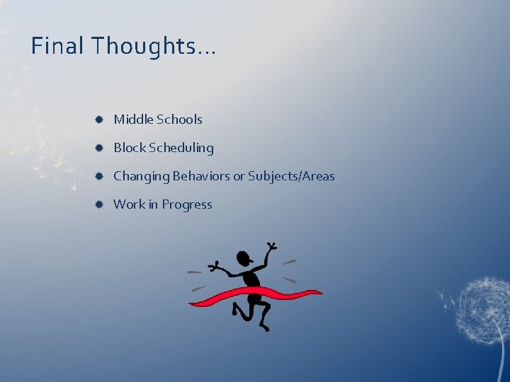 Final Thoughts… Middle Schools Block Scheduling Changing Behaviors or Subjects/Areas Work in Progress 