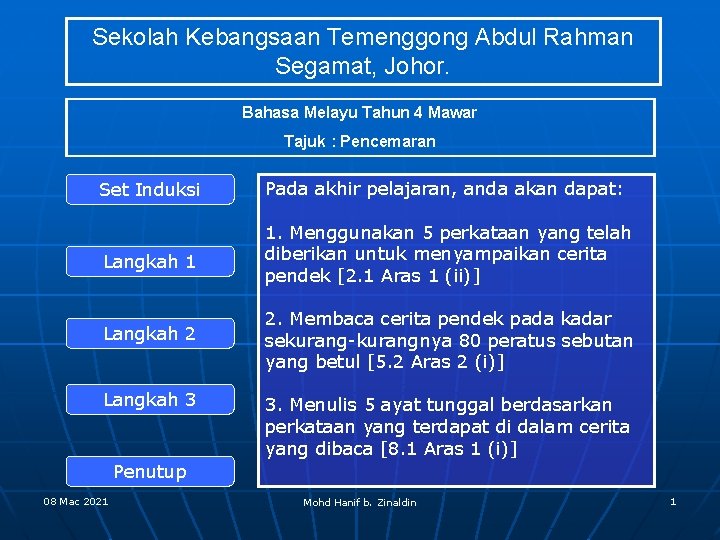 Sekolah Kebangsaan Temenggong Abdul Rahman Segamat, Johor. Bahasa Melayu Tahun 4 Mawar Tajuk :