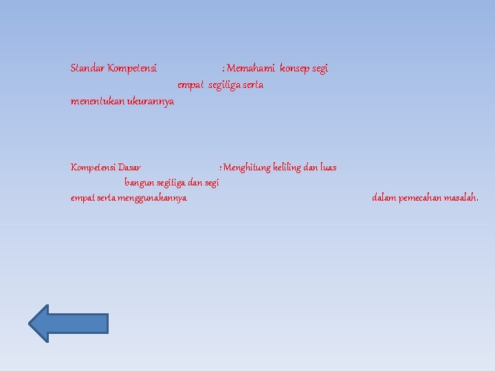 Standar Kompetensi : Memahami konsep segi empat segitiga serta menentukan ukurannya Kompetensi Dasar :