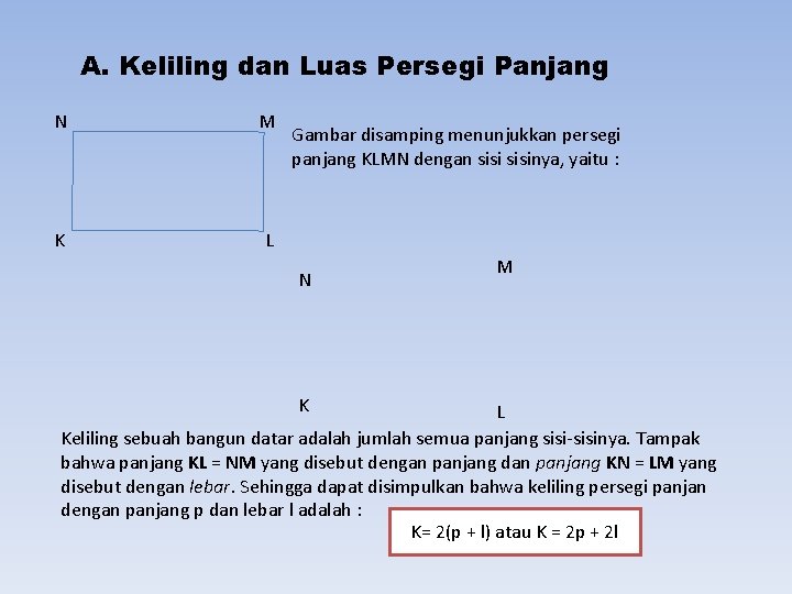 A. Keliling dan Luas Persegi Panjang N M K L Gambar disamping menunjukkan persegi