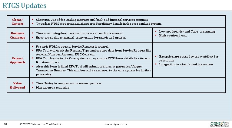 RTGS Updates Client/ Context 10 • Client is a One of the leading international