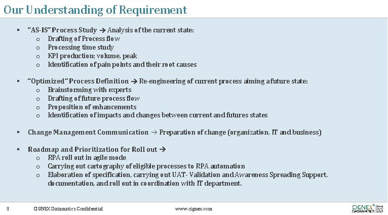 Our Understanding of Requirement 3 § “AS-IS” Process Study Analysis of the current state: