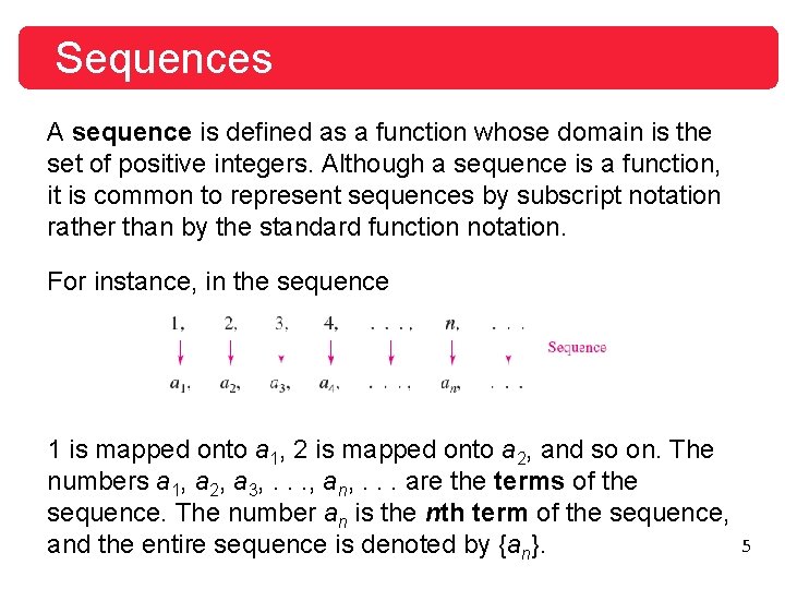 Sequences A sequence is defined as a function whose domain is the set of