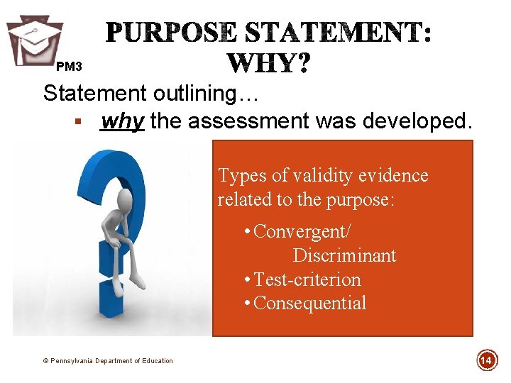 PM 3 Statement outlining… § why the assessment was developed. Types of validity evidence