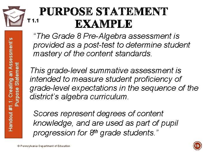 Handout #1. 1: Creating an Assessment’s Purpose Statement T 1. 1 “The Grade 8