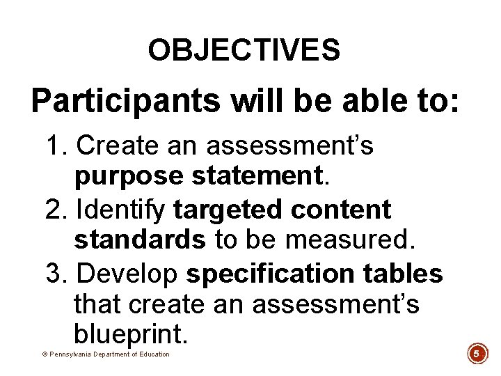 OBJECTIVES Participants will be able to: 1. Create an assessment’s purpose statement. 2. Identify