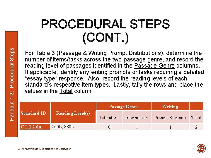 Handout 1. 3: Procedural Steps For Table 3 (Passage & Writing Prompt Distributions), determine