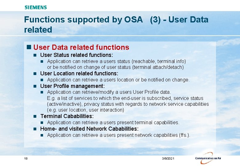 Functions supported by OSA (3) - User Data related n User Data related functions