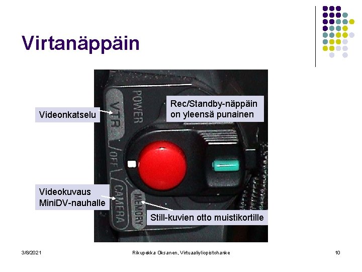 Virtanäppäin Videonkatselu Rec/Standby-näppäin on yleensä punainen Videokuvaus Mini. DV-nauhalle Still-kuvien otto muistikortille 3/8/2021 Rikupekka