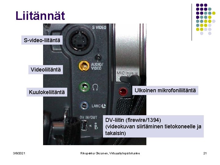 Liitännät S-video-liitäntä Videoliitäntä Kuulokeliitäntä Ulkoinen mikrofoniliitäntä DV-liitin (firewire/1394) (videokuvan siirtäminen tietokoneelle ja takaisin) 3/8/2021