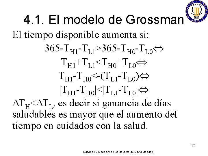 4. 1. El modelo de Grossman El tiempo disponible aumenta si: 365 -TH 1
