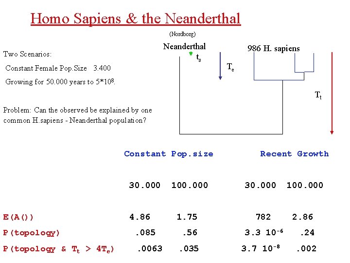 Homo Sapiens & the Neanderthal (Nordborg) Neanderthal ts Two Scenarios: Constant Female Pop. Size