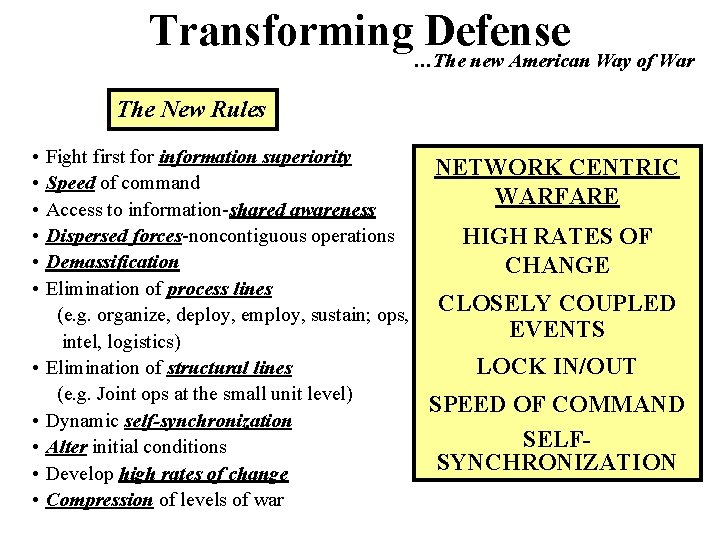 Transforming Defense …The new American Way of War The New Rules • • •
