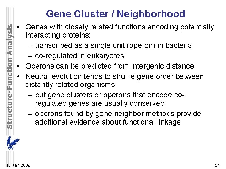 Structure-Function Analysis Gene Cluster / Neighborhood • Genes with closely related functions encoding potentially