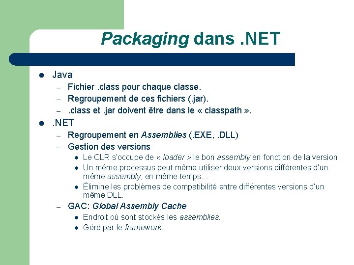 Packaging dans. NET l Java – – – l Fichier. class pour chaque classe.