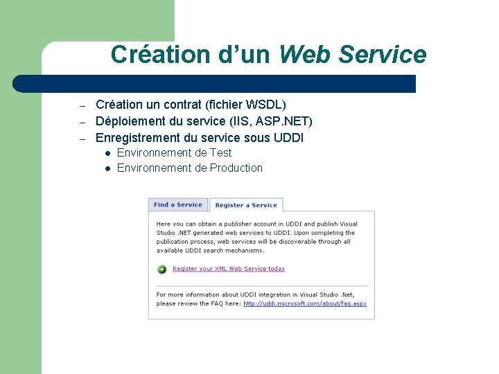 Création d’un Web Service – – – Création un contrat (fichier WSDL) Déploiement du
