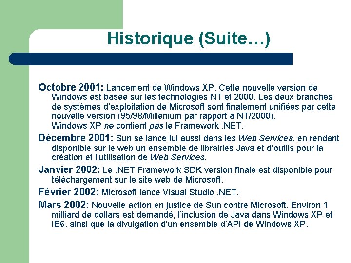 Historique (Suite…) Octobre 2001: Lancement de Windows XP. Cette nouvelle version de Windows est