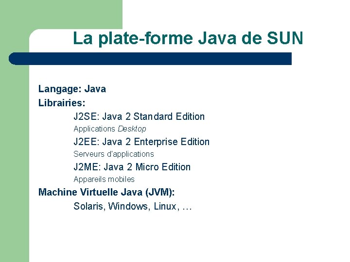 La plate-forme Java de SUN Langage: Java Librairies: J 2 SE: Java 2 Standard