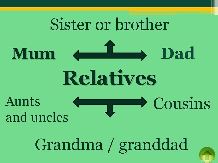 Sister or brother Mum Dad Relatives Aunts and uncles Cousins Grandma / granddad 