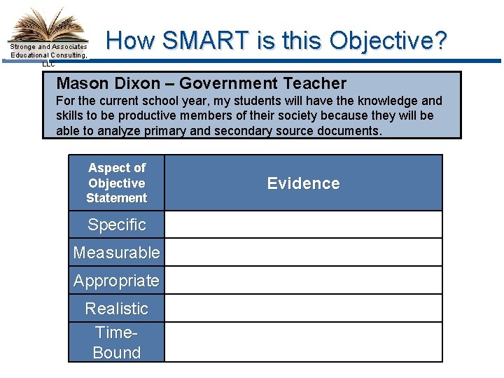 Stronge and Associates Educational Consulting, LLC How SMART is this Objective? Mason Dixon –