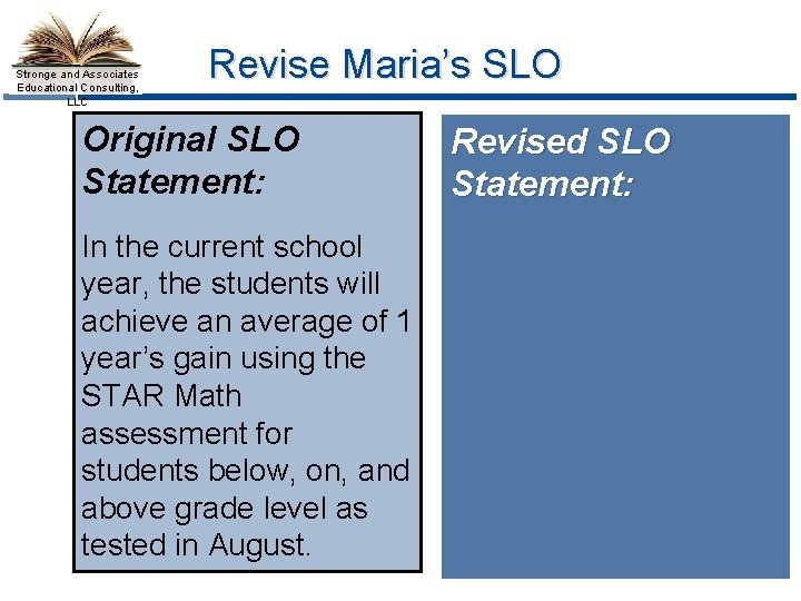 Stronge and Associates Educational Consulting, LLC Revise Maria’s SLO Original SLO Statement: Revised SLO