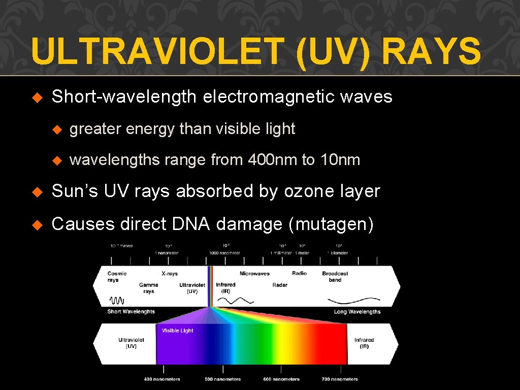 ULTRAVIOLET (UV) RAYS u Short-wavelength electromagnetic waves u greater energy than visible light u