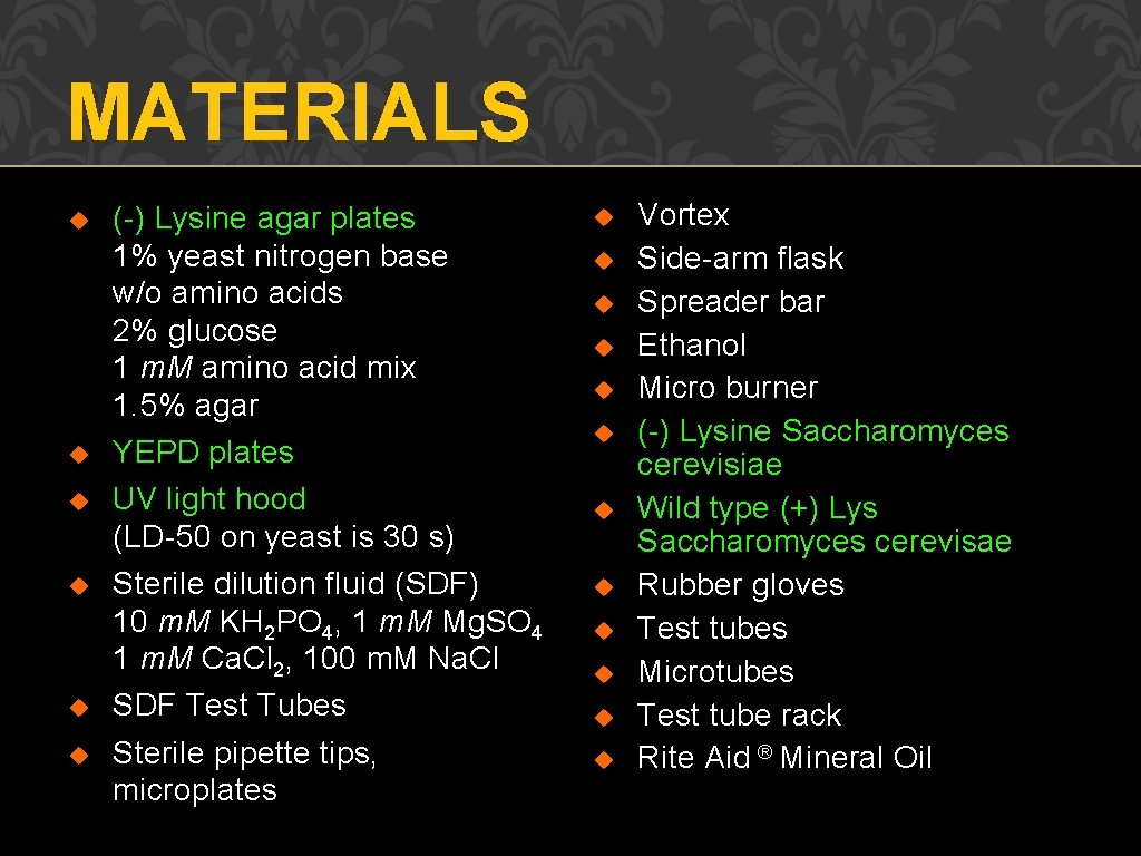 MATERIALS u (-) Lysine agar plates 1% yeast nitrogen base w/o amino acids 2%
