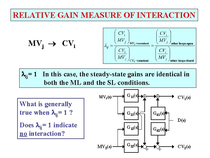 RELATIVE GAIN MEASURE OF INTERACTION MVj CVi ij= 1 In this case, the steady-state