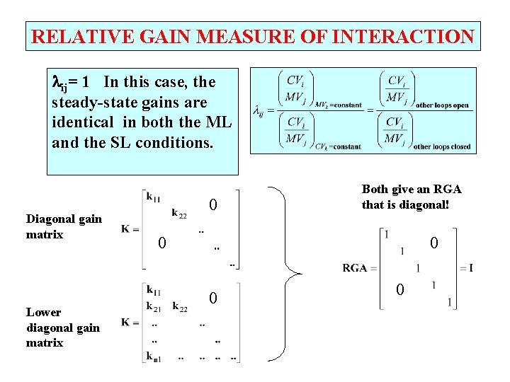 RELATIVE GAIN MEASURE OF INTERACTION ij= 1 In this case, the steady-state gains are