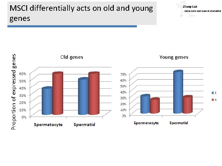 Proportion of expressed genes MSCI differentially acts on old and young genes Old genes