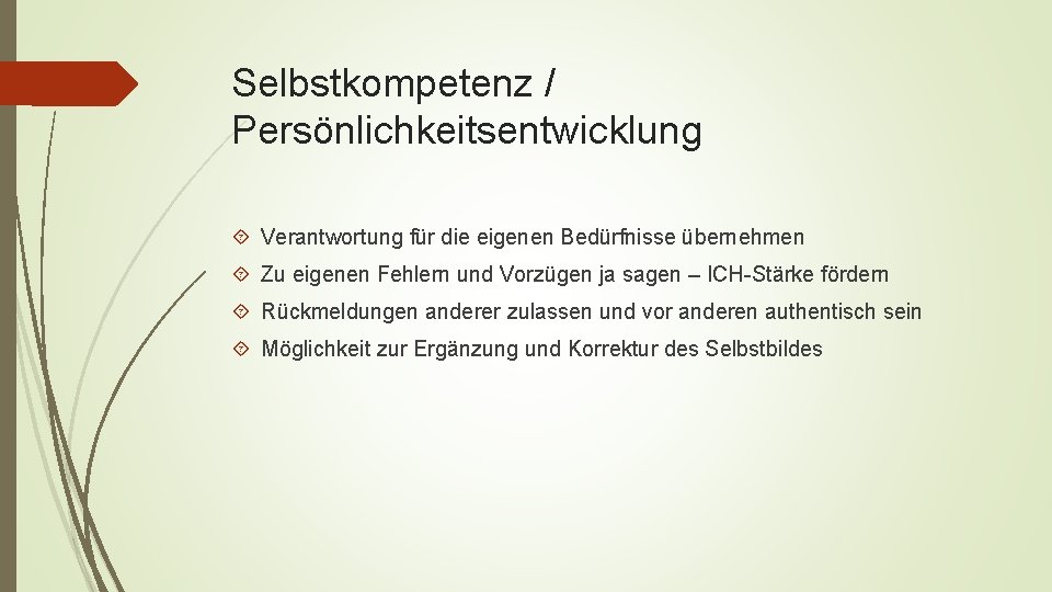 Selbstkompetenz / Persönlichkeitsentwicklung Verantwortung für die eigenen Bedürfnisse übernehmen Zu eigenen Fehlern und Vorzügen