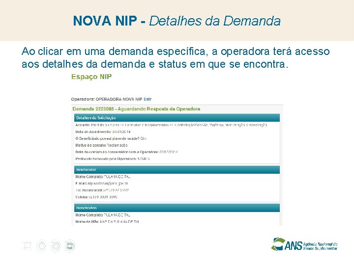 NOVA NIP - Detalhes da Demanda Ao clicar em uma demanda específica, a operadora