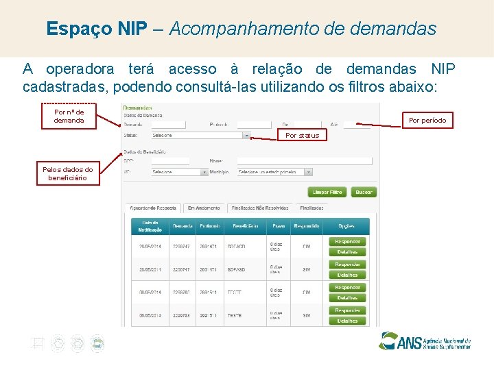 Espaço NIP – Acompanhamento de demandas A operadora terá acesso à relação de demandas