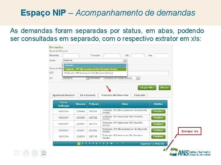 Espaço NIP – Acompanhamento de demandas As demandas foram separadas por status, em abas,