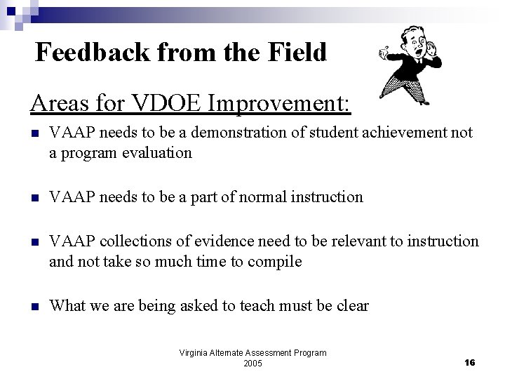 Feedback from the Field Areas for VDOE Improvement: n VAAP needs to be a