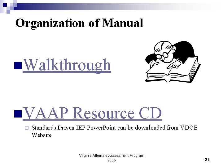 Organization of Manual n. Walkthrough n. VAAP Resource CD ¨ Standards Driven IEP Power.