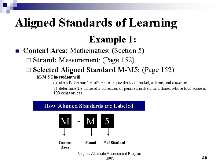 Aligned Standards of Learning Example 1: n Content Area: Mathematics: (Section 5) ¨ Strand: