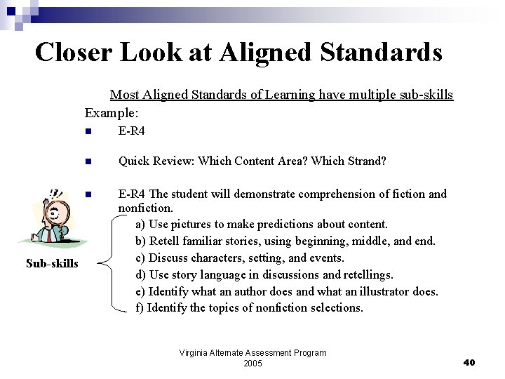 Closer Look at Aligned Standards Most Aligned Standards of Learning have multiple sub-skills Example: