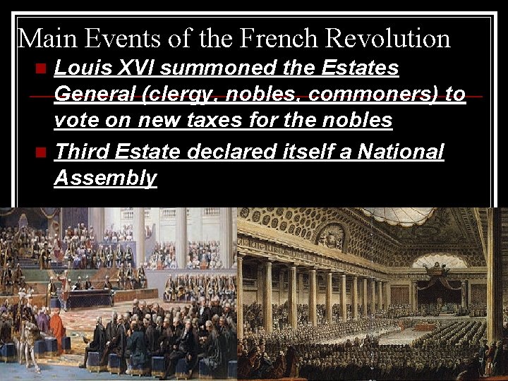 Main Events of the French Revolution Louis XVI summoned the Estates General (clergy, nobles,