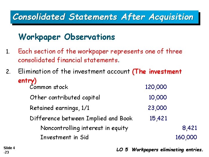 Consolidated Statements After Acquisition Workpaper Observations 1. Each section of the workpaper represents one