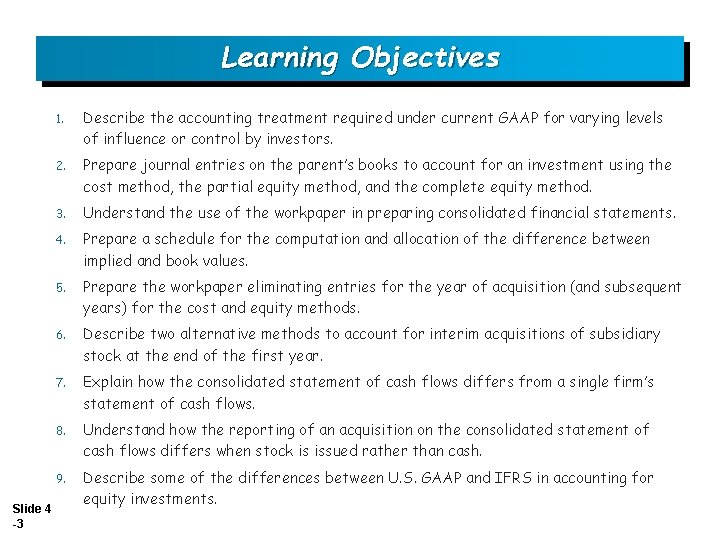 Learning Objectives Slide 4 -3 1. Describe the accounting treatment required under current GAAP