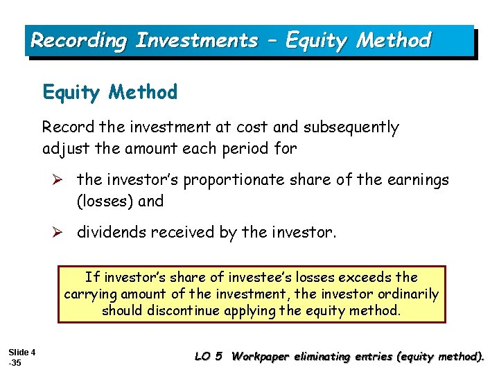 Recording Investments – Equity Method Record the investment at cost and subsequently adjust the