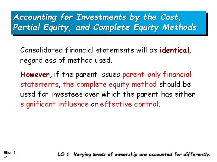 Accounting for Investments by the Cost, Partial Equity, and Complete Equity Methods Consolidated financial