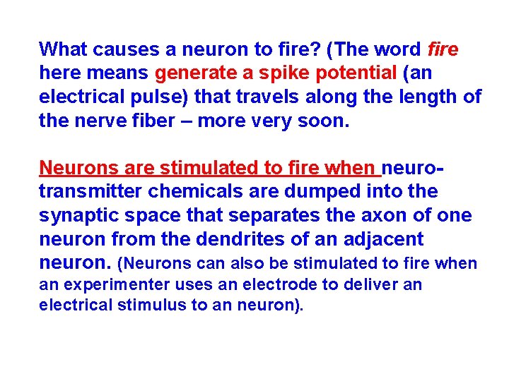 What causes a neuron to fire? (The word fire here means generate a spike