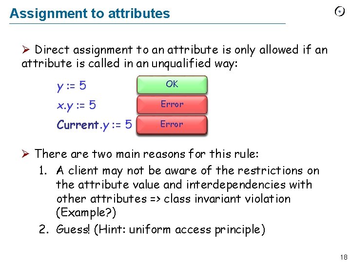 Assignment to attributes Ø Direct assignment to an attribute is only allowed if an