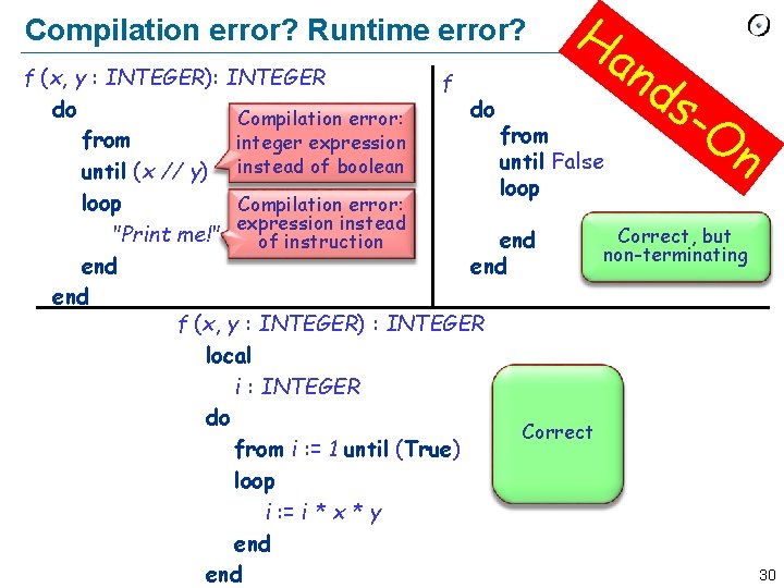 Compilation error? Runtime error? Ha n ds f (x, y : INTEGER): INTEGER f