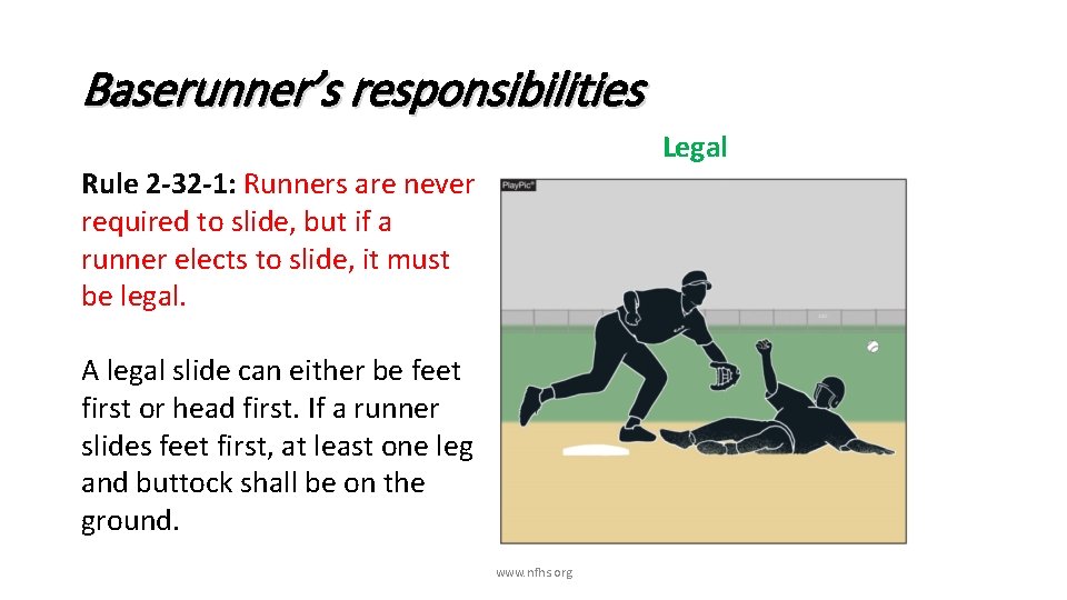 Baserunner’s responsibilities Legal Rule 2 -32 -1: Runners are never required to slide, but