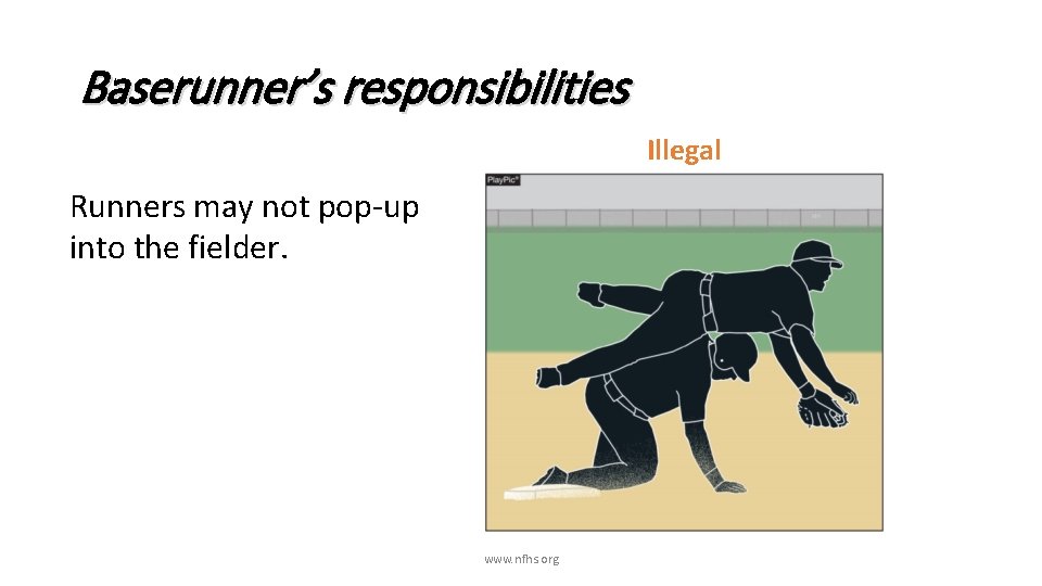 Baserunner’s responsibilities Illegal Runners may not pop-up into the fielder. www. nfhs. org 